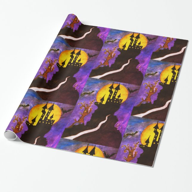 Presente Papel de Invasão do Castelo Feliz de Halloween (Desenrolado)