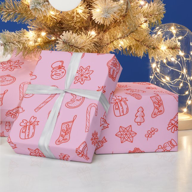 Presente Papel de mola para o Natal desenhado à mão, rosa e (Feriados)