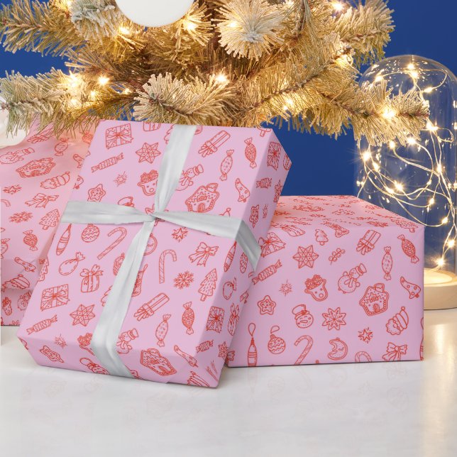 Presente Papel de mola para o Natal desenhado à mão, rosa e (Feriados)