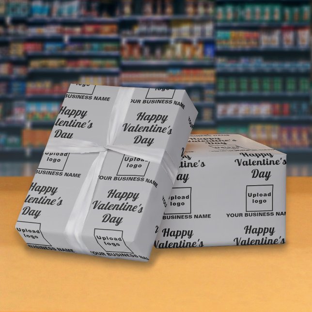Presente Papel de moldagem de Cinzas de Namorados para empr (Business name and logo with Happy Valentine's Day greeting on gray wrapping paper)