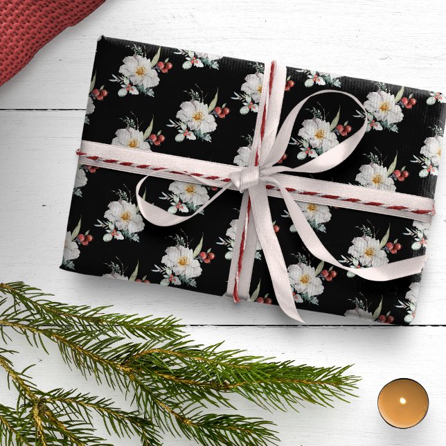 Presente Papel de moldagem de feriado botânico preto (Black White Red Boho Floral Christmas Holiday Wrapping Paper)