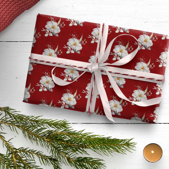 Presente Papel de moldagem de feriado botânico vermelho (Boho Chic Watercolor Floral Botanical Christmas Holiday Wrapping Paper by Painted Paperie)