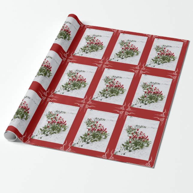Presente Papel de moldagem de Natal - Neve e Tulipas Vermel (Desenrolado)