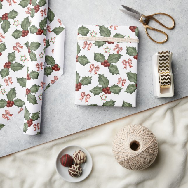 Presente Papel de Natal com Arco de Azevinho e Cana-de-Açúc (Artesanato)