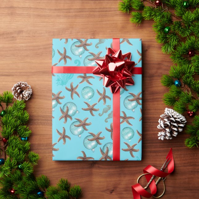Presente Papel de Natal com Estrelas do Mar Azul Marinho (Presente de Natal)
