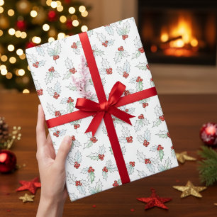 Presente Papel de Natal com Folhas de Azevinho e Bagas Verm