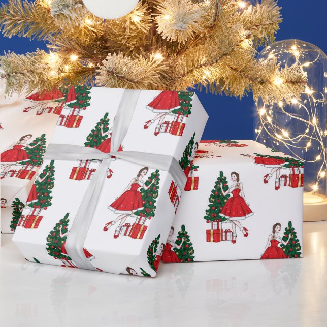Presente Papel de Natal com padrão feminino e árvore (Feriados)