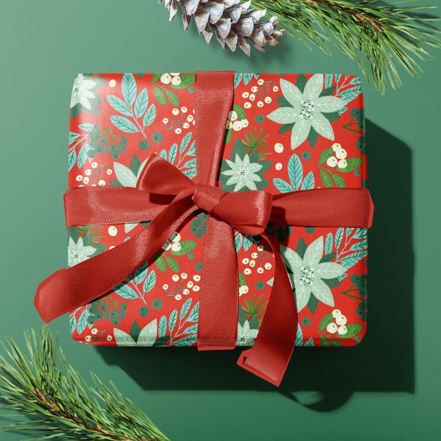 Presente Papel de Natal Floral Vermelho de Festa (Modern Bold Red Floral Merry Christmas Wrapping Paper)