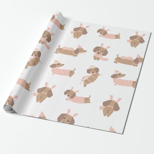 Presente Papel de Natal para salsicha de Dachshund rosa (Desenrolado)