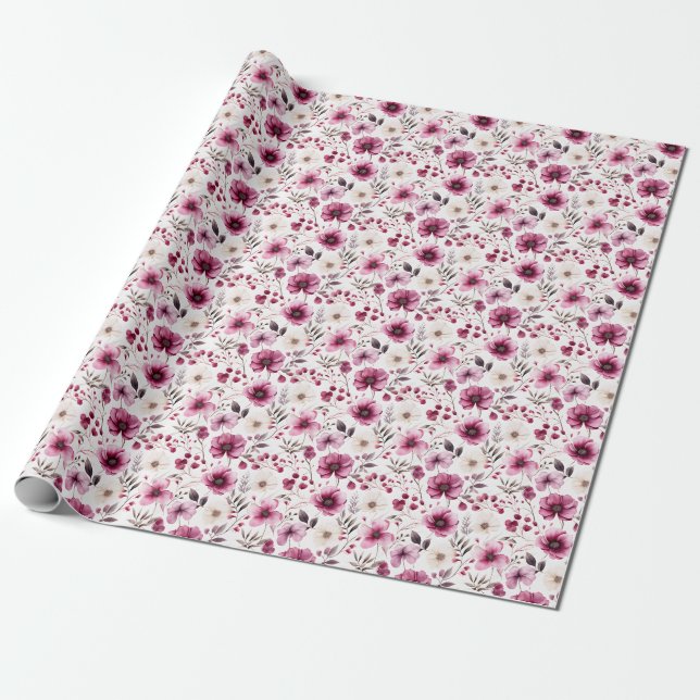 Presente Papel de ondulação floral roxo e marfim (Desenrolado)