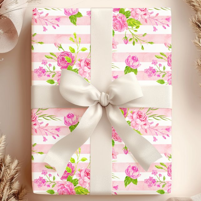 Presente Papel de Seda Inglês Rosas Rosa Listras Brancas Aq (Criador carregado)