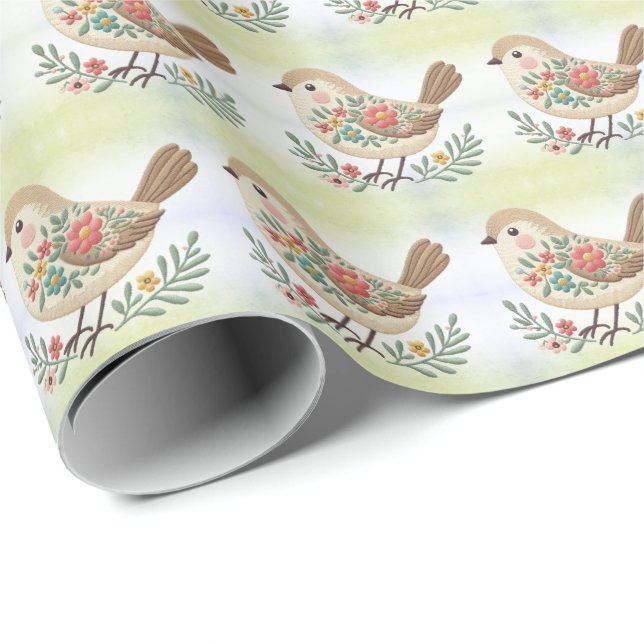 Presente Papel Dourado Floral de Pequeno Pássaro (Ponta do rolo)
