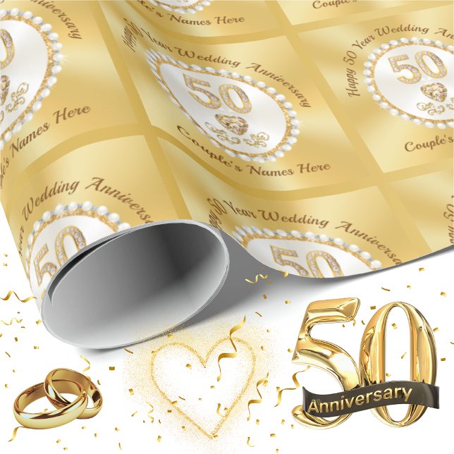 Presente Papel Dourado personalizado, de 50 anos (50th Anniversary Wrapping Paper. Personalized 50th Wedding Anniversary Gift Wrap. Golden Anniversary)