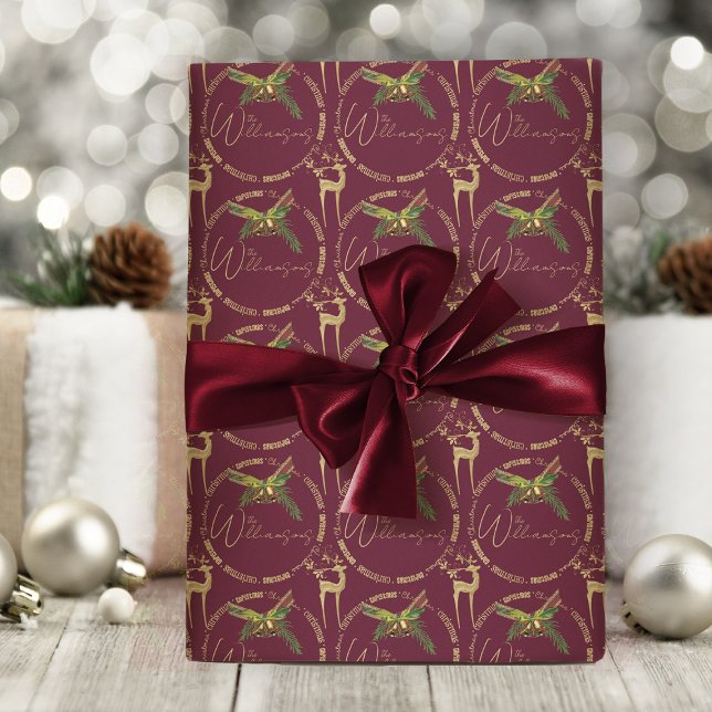 Presente Papel Elegante de Envolvimento para o Natal Feliz (elegant burgundy red and gold Christmas wrapping paper with personalized name or text)