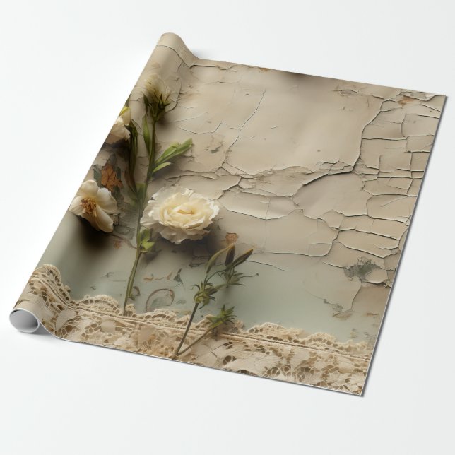 Presente Papel Envelhecido com Motivo de Flor Rústica Branc (Desenrolado)