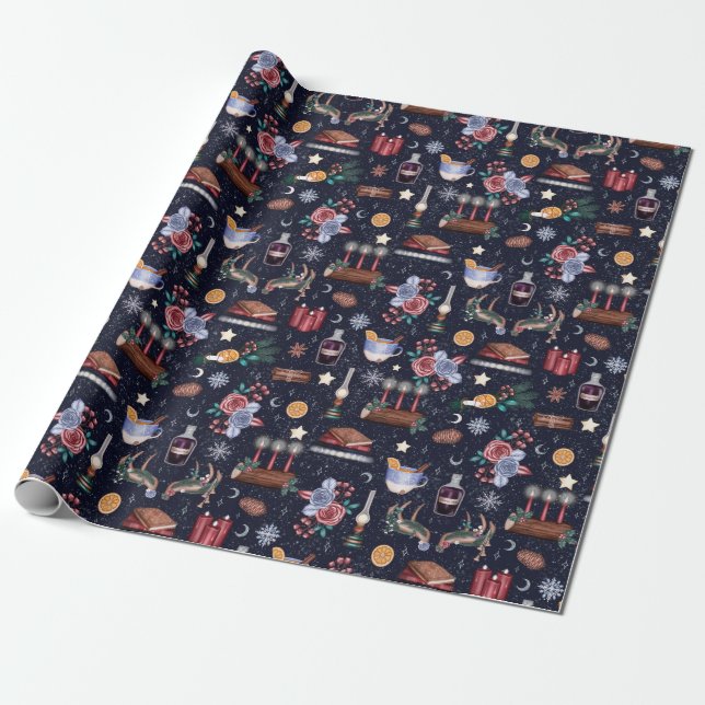 Presente Papel Escuro de Molhação de Natal Yule (Desenrolado)