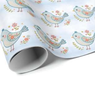 Presente Papel Floral de Ave Azul