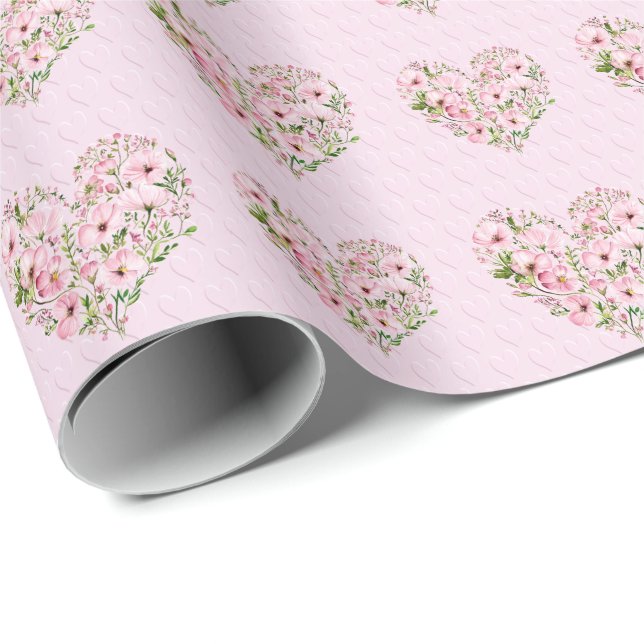 Presente Papel Floral de Coração Rosa (Ponta do rolo)