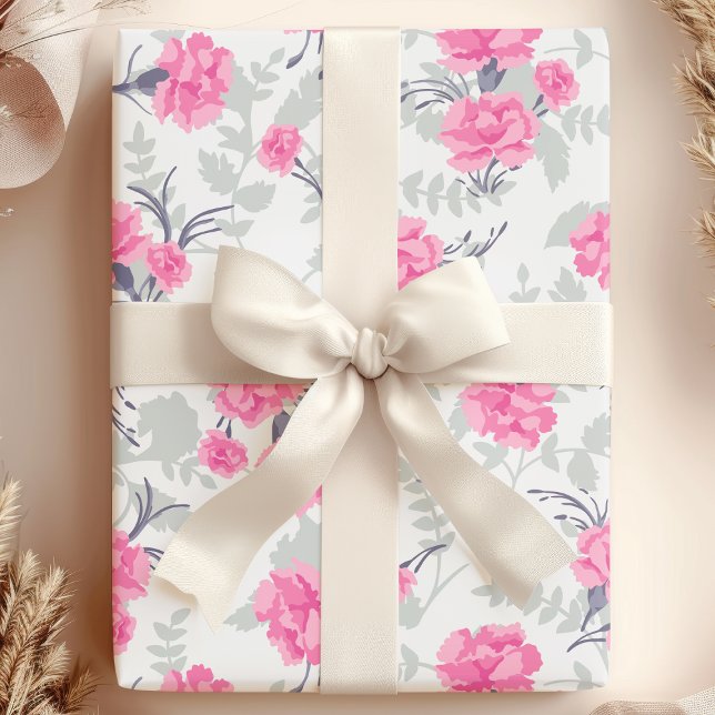 Presente Papel Floral de Cravo Rosa e Cinza (Criador carregado)