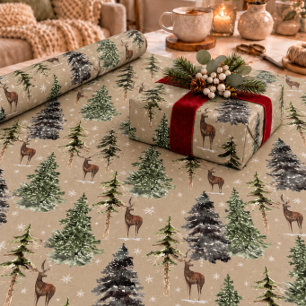 Presente Papel Kraft Rústico de Inverno com Árvores de Abet
