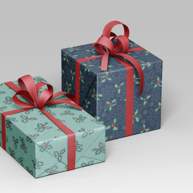 Presente Papel navideño con copos de nieve y acebo (Criador carregado)