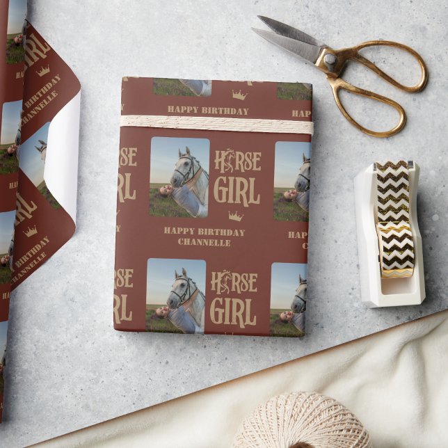 Presente Papel personalizado de enrolamento de dama de cava (Custom Photo and Name Horse Girl Wrapping Paper)