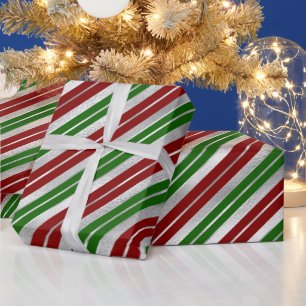 Presente Papel Prateado de Festa, Listras de Natal Verdes e