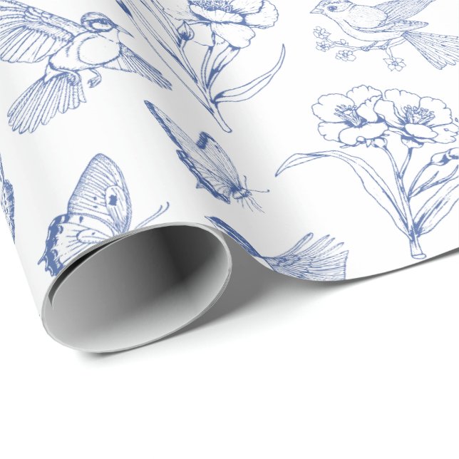 Presente Pássaro e Borboleta Papel de Embalagem Azul Floral (Ponta do rolo)