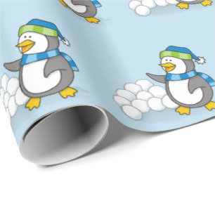 Presente Pequeno pinguim com bolas de neve balançando papel