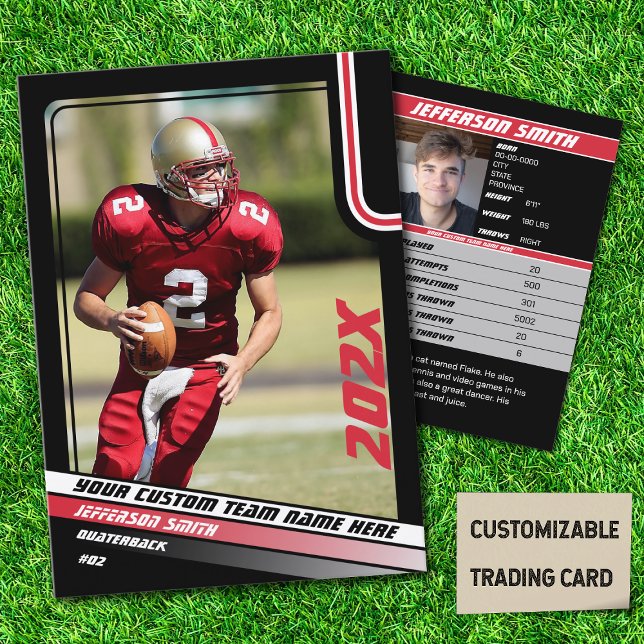Presente personalizado de cartão de jogador de fut (American Football Player Trading Card in Black with Custom Team and Player Name with Red Stripes)