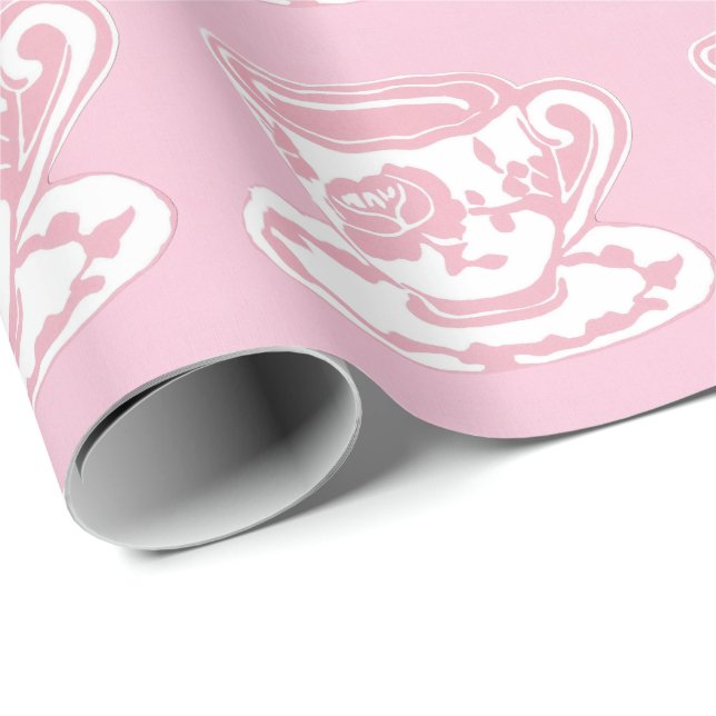 Presente Rosa Teacup - Papel de embrulhamento rosa e branco (Ponta do rolo)