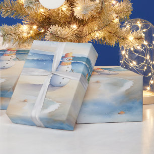 Presente Snowman Sobre O Papel De Arrastamento Na Praia