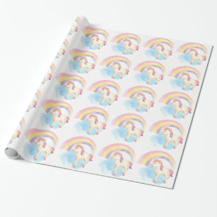 Presente Unicórnio Pastel na nuvem, papel de envolvimento