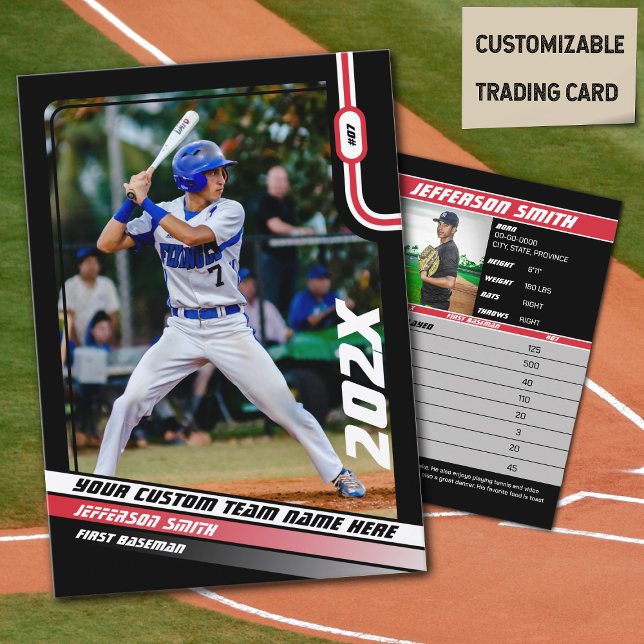 Presente Vermelho Personalizado do Cartão de Negoc (Baseball Player Trading Card in Black with Custom Team Name and Red White Elements)