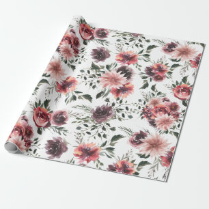 Presente Vintage Blooming Burgundy Flowers Papel de Embalag