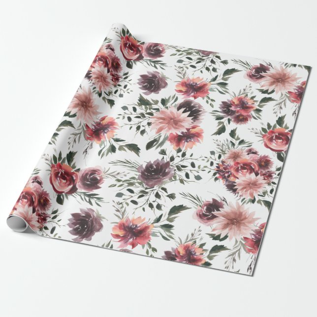 Presente Vintage Blooming Burgundy Flowers Papel de Embalag (Desenrolado)