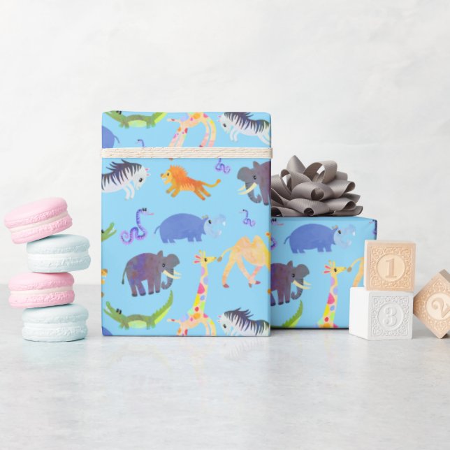 Presente Wild Safari sobre papel de enrolar azul-bebê (Chá de bebê)