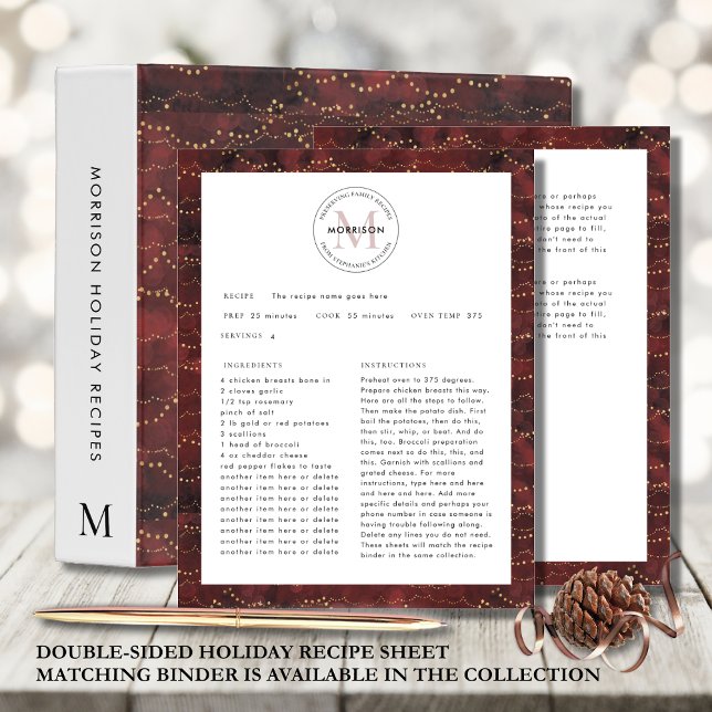 Preservando Receitas da Família Folha de Receita d (Double-Sided Burgundy Christmas Recipe Sheet Preserving Family Recipes Designed for 3-Hole Punch)