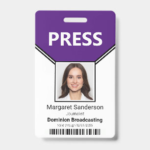 Pressione Pass Photo e Bar Code Purple ID Crachá