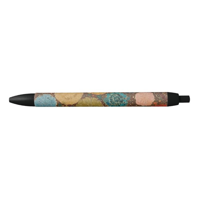 Preta Caneta com Padrão de Mosaico Floral Terroso (Frente)