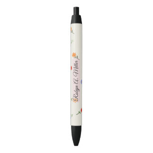 Preta Caneta Elegante Minimalista Floral com Nome Person