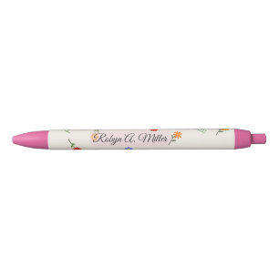 Preta Caneta Elegante Minimalista Floral com Nome Person