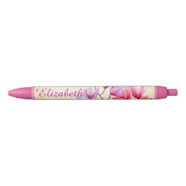 Preta Caneta Personalizada Aquarela Magnólia Rosa