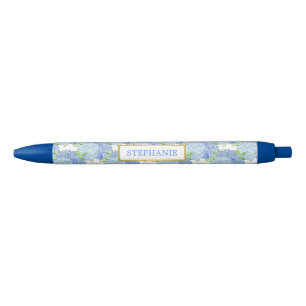 Preta Caneta Personalizada Floral Hortênsia Azul