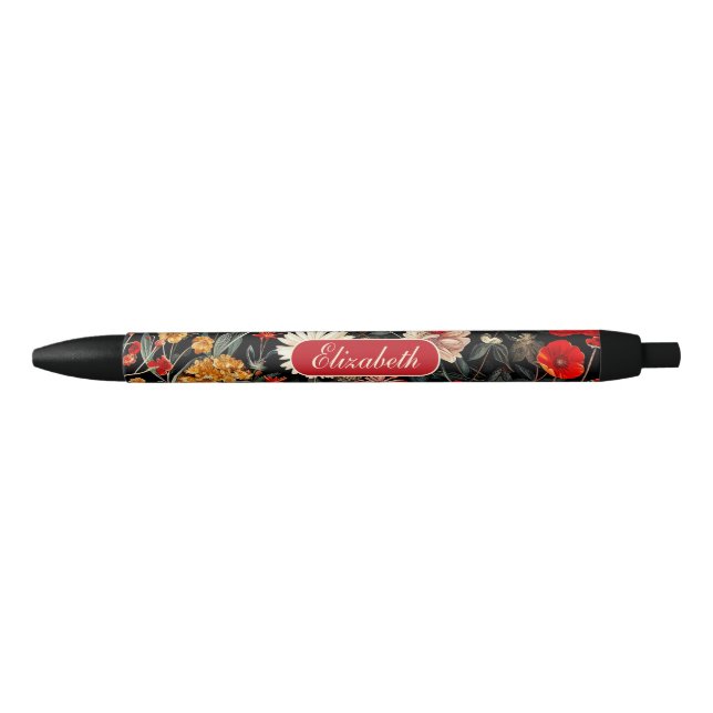 Preta Caneta Personalizável Floral Escuro Vermelho e Cre (Frente)