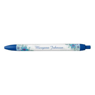Preta Flores Azuis Elegantes Caneta de Tinta Personaliza