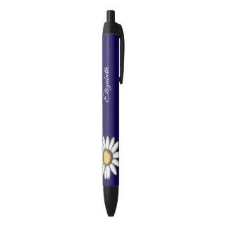 Preta Ilustração Floral Trendy Daisy Azul Marinho Caneta