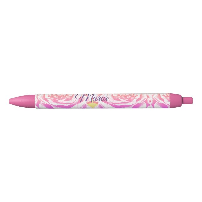 Preta Rosas de cor roxa e cor-de-rosa Caneta de nome per (Frente)
