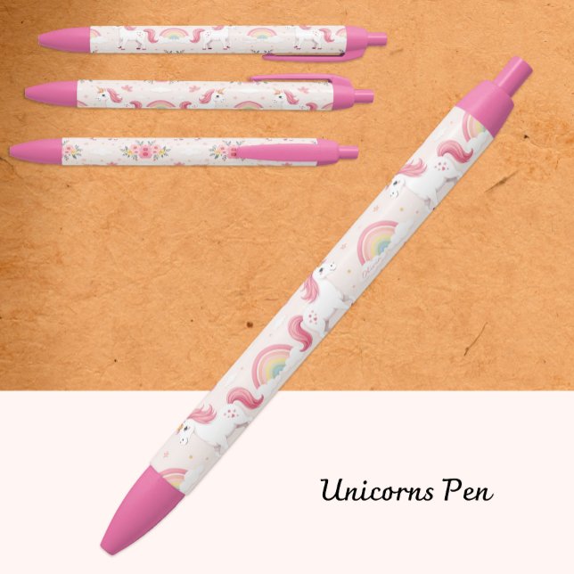 Preta Unicórnios Sonhadores, Arco-íris, Flores, Caneta F (Unicorns Pen / Girly School & Office Pen / Rainbows)