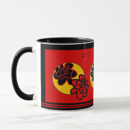 Preto amarelo vermelho amigável da caneca de café